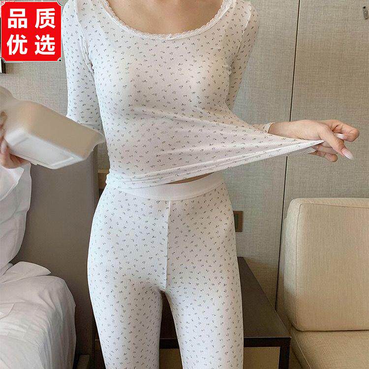 甜美碎花蕾丝圆领保暖内衣女秋冬薄款显瘦打底秋衣秋裤高颜值套装