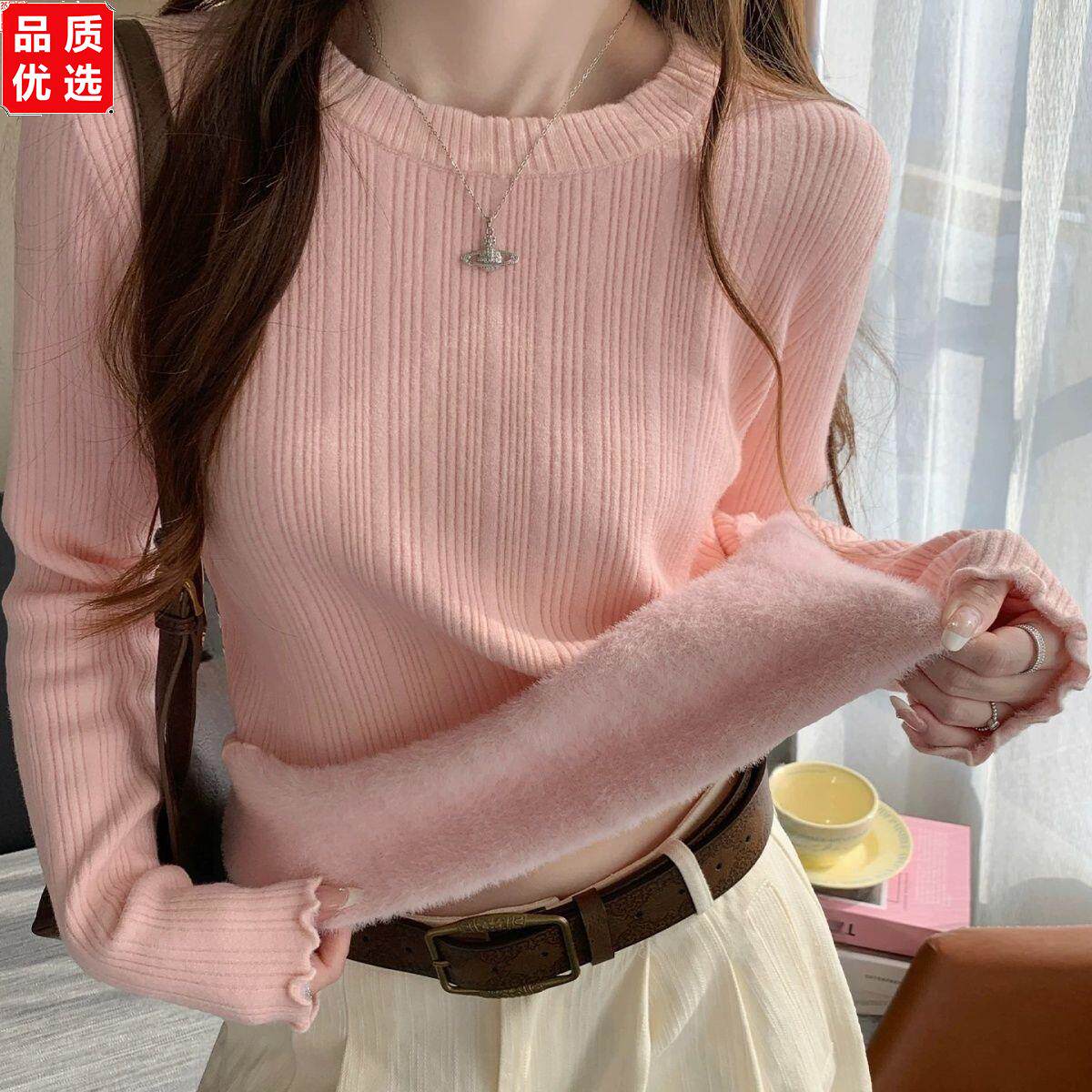 一体绒白色毛衣女圆领加