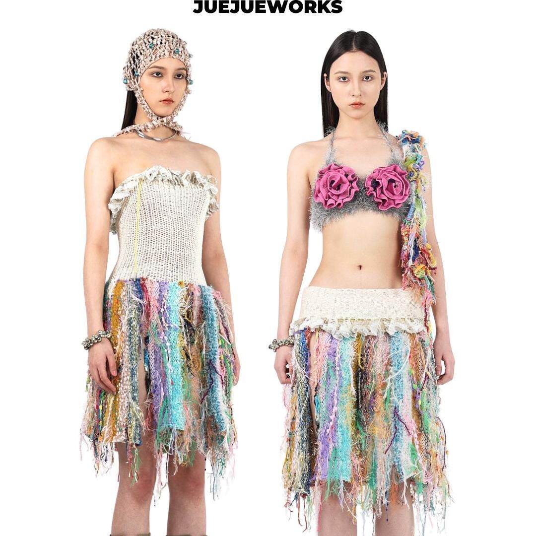 JUEJUEWORKS两穿抹胸连衣裙可翻折做半身裙 高弹力纯手工毛线针织