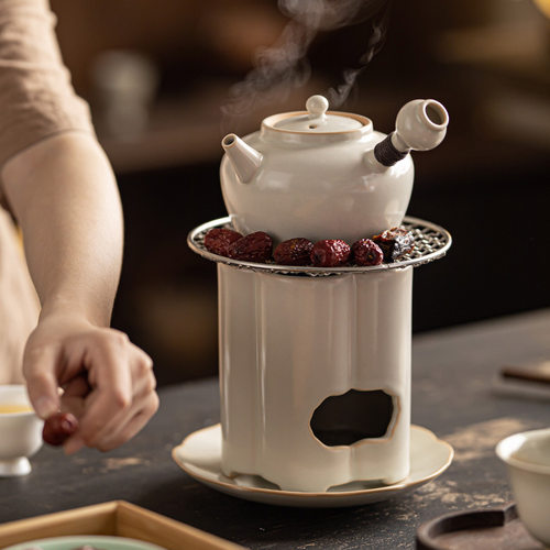 家用围炉煮茶碳火炉套装中式侧把泡茶壶白陶煮茶炉户外明火煮茶壶