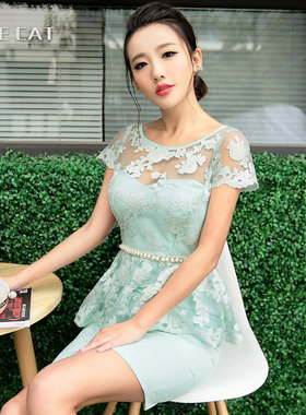 剪爱夏季圆领钉珠设计蕾丝拼接高腰裙摆修身显瘦小礼服连衣裙