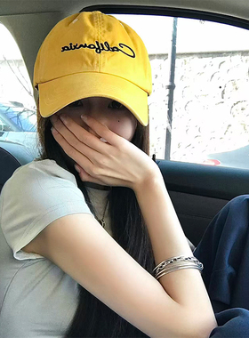 显脸小！美式复古刺绣棒球帽子女亮眼黄色大头围新款遮阳鸭舌帽潮