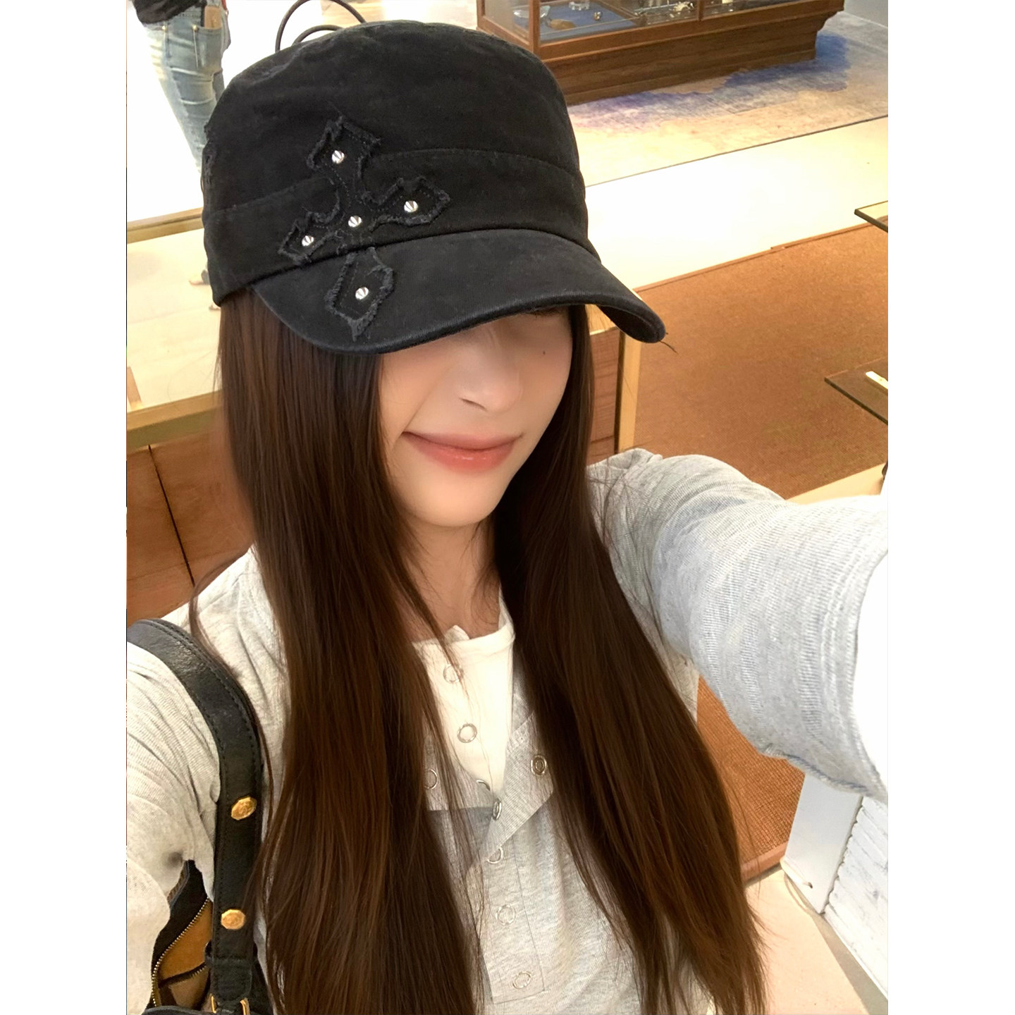美式水洗做旧十字架平顶马术帽子女铆钉高级感街头个性潮酷鸭舌帽