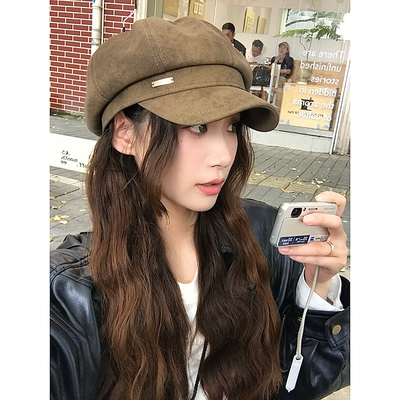 美拉德棕色麂皮显脸小八角帽！