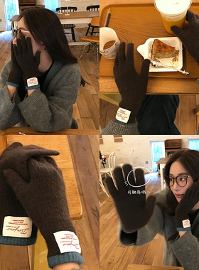 可触屏！韩系贴布ins针织手套女秋冬骑行保暖长款分指户外防风潮