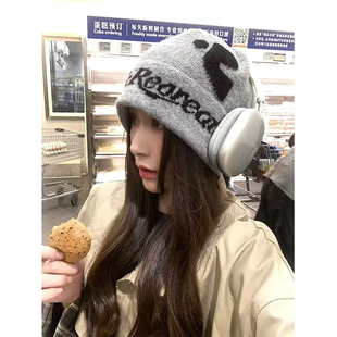 韩版字母刺绣毛线帽子女秋冬小众潮牌针织堆堆帽显脸小大头围冷帽
