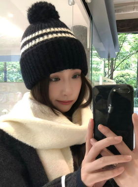 韩版学院风毛球毛线帽氛围感保暖