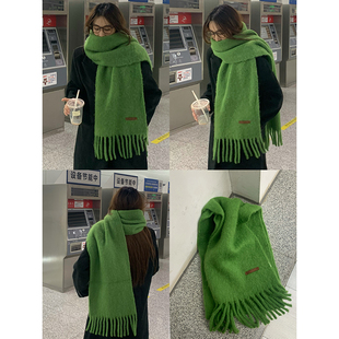 韩版纯色羊毛混纺滨田朝光同款绿色围巾女冬季保暖新款氛围感围脖