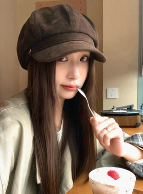 麂皮绒八角帽子高品质显脸小