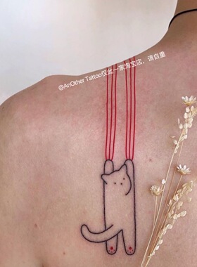 AnOther Tattoo可爱猫咪红线条ins风背部手臂纹身贴买一送一防水
