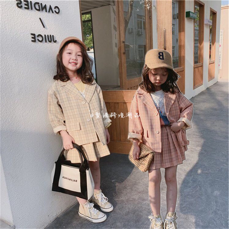 春秋女童宝宝网红洋气儿童个性潮牌韩版格子小西服百褶裙两件套装