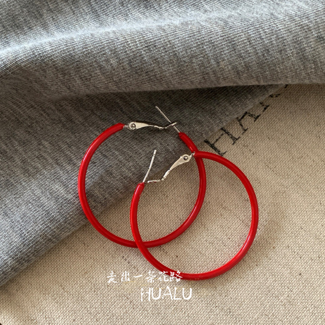 HUALU-大气吸睛～细款复古红色大圈圈耳环高级感港风百搭耳圈耳夹,饰品/流行首饰/时尚饰品新,耳环,淘宝优惠券,粉丝福利购,淘宝优惠卷