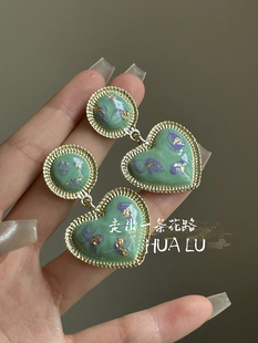 HUALU-彩绘艺术馆~浪漫精致法式复古绿色爱心中古vintage耳环耳夹