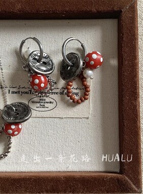 HUALU-骰点跳跳～波点红色ins做旧纽扣项链复古小众简约个性耳环