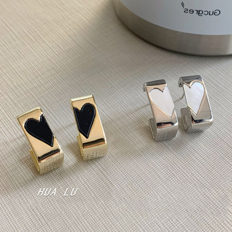 hualu-半颗心 金属质感爱心方形耳环高级感轻奢时尚通勤耳钉耳夹