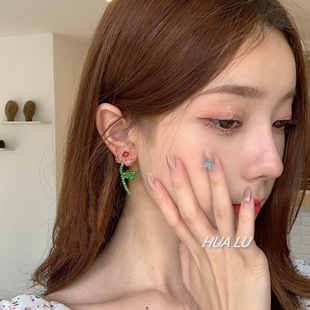 HUALU-岛之森玲 ins超仙女水晶串珠森系粉色花朵耳环蚊香盘耳夹