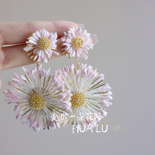 HUALU-橘子花海~度假风海岛粉色夸张太阳花朵海边耳环蚊香盘耳夹