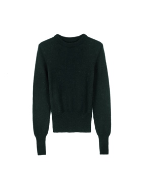 法系IM 女款 100%羊毛 复古墨绿色圆领短款修身针织衫 毛衣