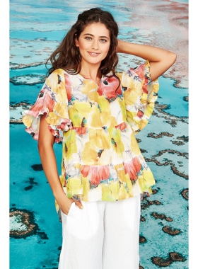 澳洲高端设计师TC 女款 复古花卉印花荷叶喇叭袖衬衫 上衣