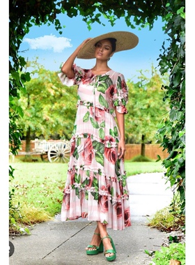 澳洲高端设计师TC 女款 复古花卉印花叠层荷叶边薄纱连衣裙