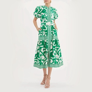 澳大利亚轻奢RV 女款 Buttercup 有机棉质复古印花泡泡袖连衣裙