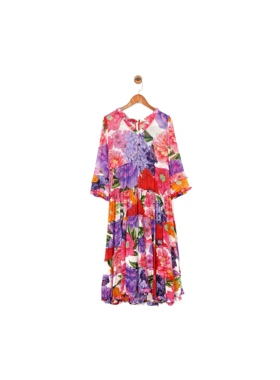 澳洲高端设计师TC 女款 复古印花褶边喇叭袖花卉连衣裙