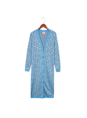 纽约轻奢KS 女款 蓝色 复古格纹满印垂感长款针织开衫