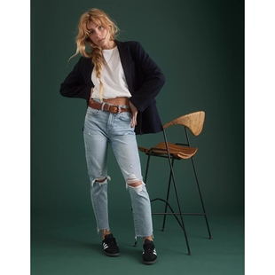 美系AE 复古高端线 女款 MOM 高腰破洞水洗做旧牛仔裤