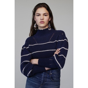 女款 针织衫 georgia 短款 毛衣 复古花边高领条纹灯笼袖 法系IM