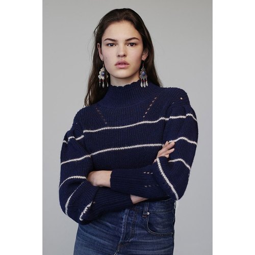 法系IM高领条纹灯笼袖短款针织衫