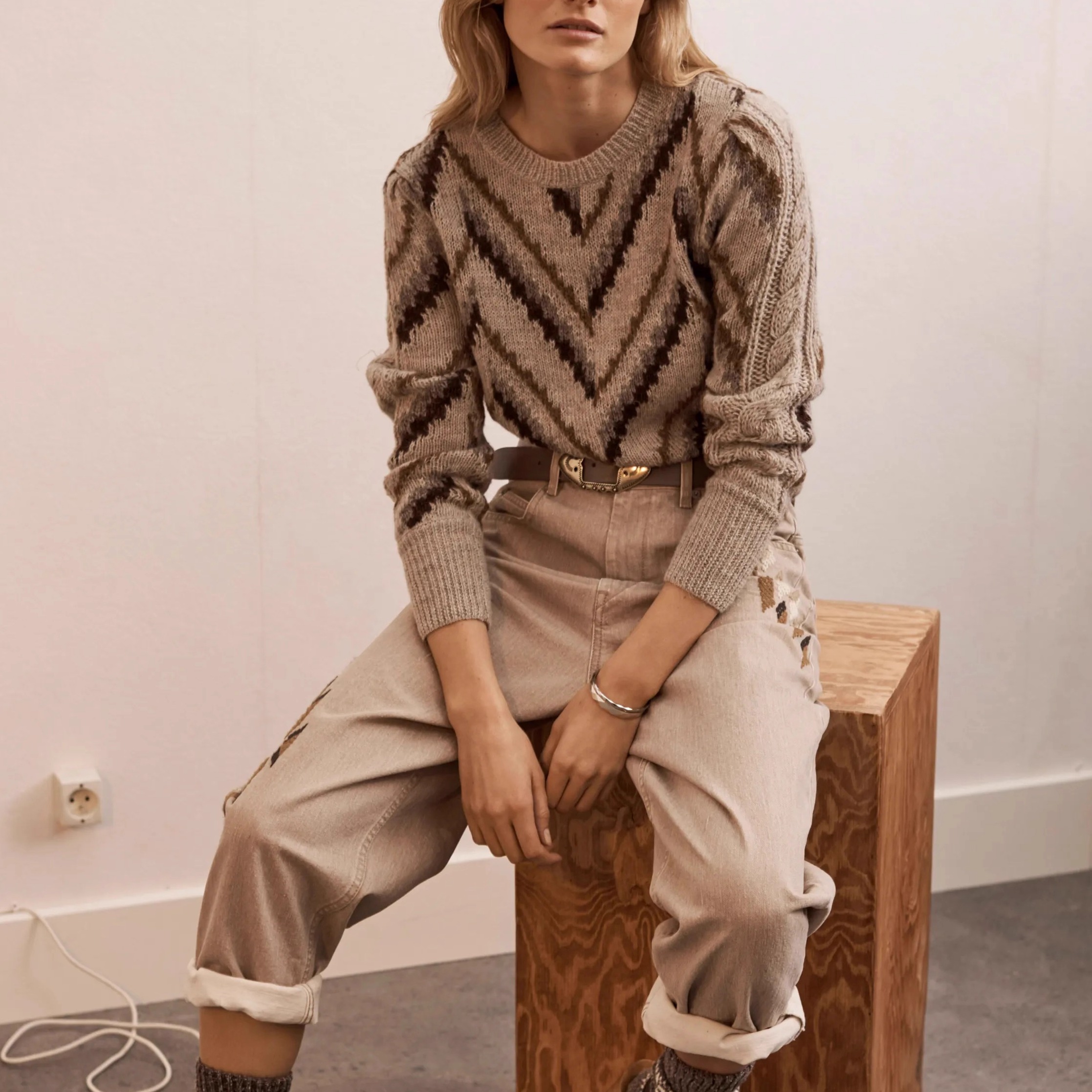 法系IM复古人字纹针织衫毛衣