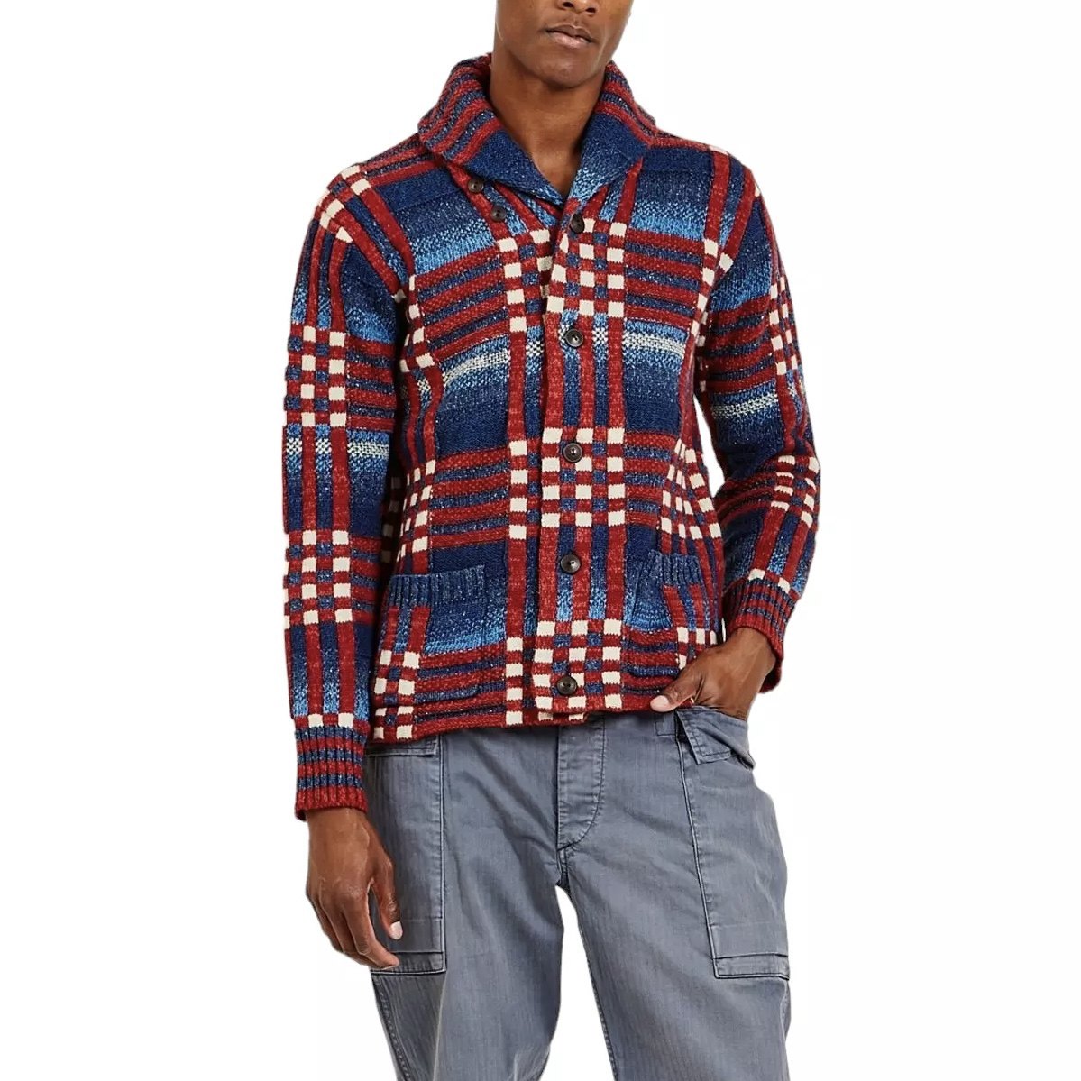 美系经典双R格纹青果领针织开衫