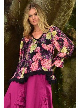 澳洲高端设计师TC 女款 $599 复古绣球印花薄纱衬衫 上衣