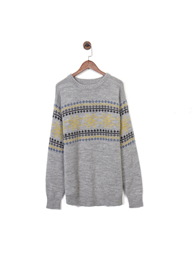 挪威户外UL 男款 100%羊毛 复古雪柄提花圆领针织衫 毛衣