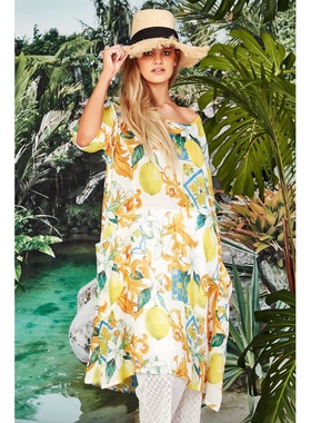 澳洲高端设计师TC 女款 100%亚麻 复古度假风舒适印花连衣裙