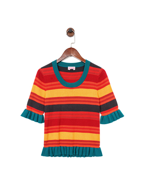 纽约轻奢KS 女款 棉质 复古条纹撞色荷叶边针织衫 毛衣