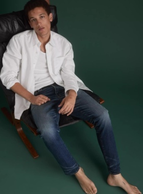 美系AE 复古高端线 男款 Slim赤耳布边蓝色修身直筒牛仔裤