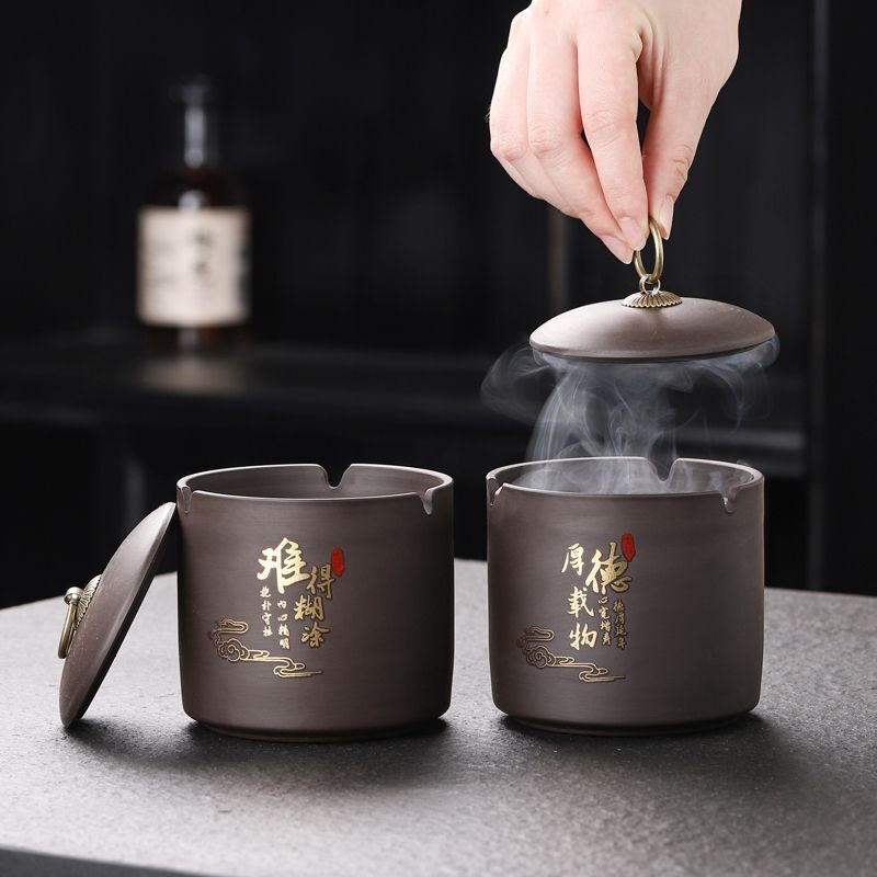 紫砂烟灰缸带盖防风复古家用大号客厅办公酒吧摆件防飞密封可定制