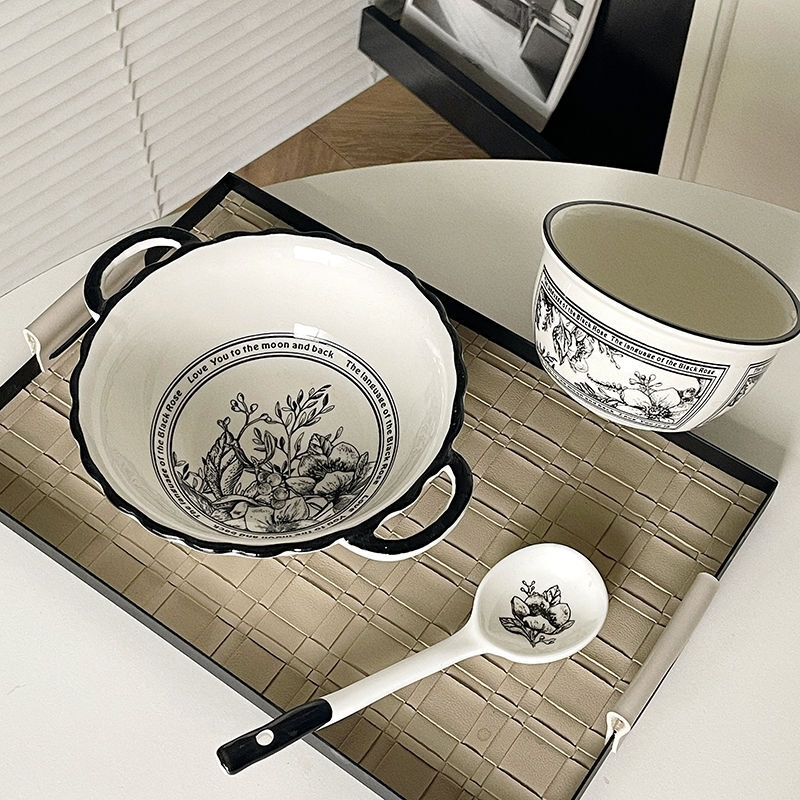 高颜值法式小香风黑白山茶花餐具套装ins风家用一人食釉下彩餐具