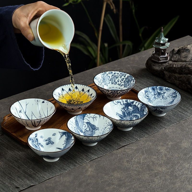 茶杯斗笠杯茶具套装青花瓷小茶碗杯架单主人杯茶盏6只功夫品茗杯