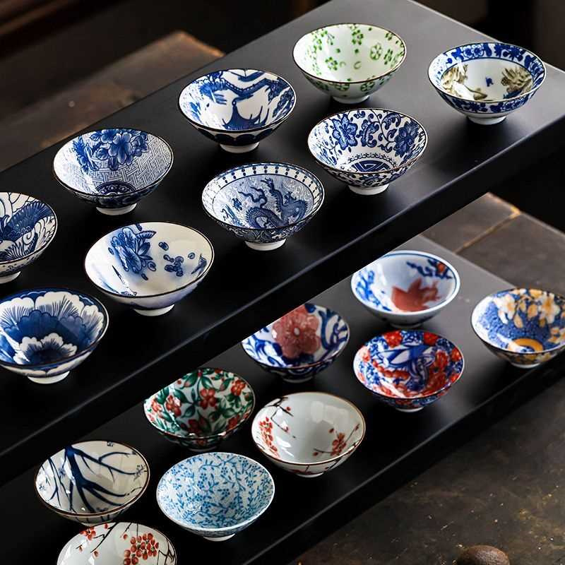 青花瓷斗笠杯6只茶杯带沥水杯架大号陶瓷功夫茶具品茗杯复古茶盏