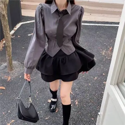 polo高腰领衬衫灰色衬衣套装女秋装显瘦短裙子蓬蓬裙+a字上衣长袖