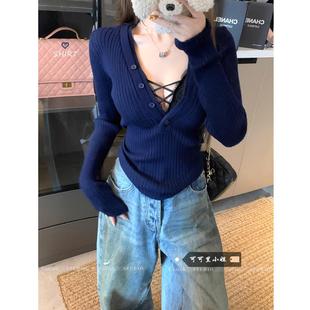 辣妹深V上衣女2025冬季新款修身显瘦设计感打底内搭长袖针织衫ins