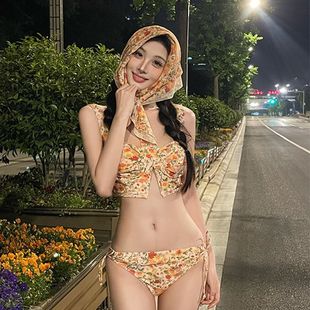小清新碎花分體小胸聚攏純欲度假比基尼三件套游泳衣女夏海邊 新款