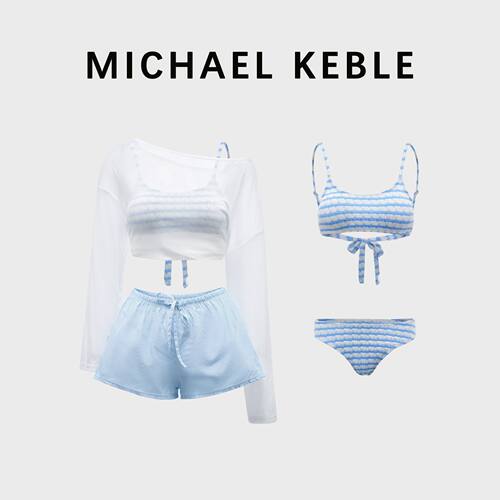 法国MICHAEL KEBLE 高级感分体泳衣女条纹比基尼防晒罩衫度假泳装