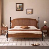 法式 复古实木床中古风1米8双人主卧婚床美式 北美黑胡桃木大床家具