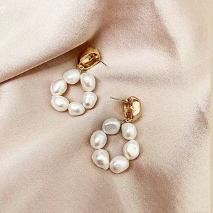 镀玫瑰金巴洛克天然淡水不规则珍珠耳钉冷淡系圆圈耳环简约