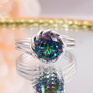 PT950铂金美国进口D色莫桑石群镶蓝钻花苞戒指纯银简约百搭钻戒