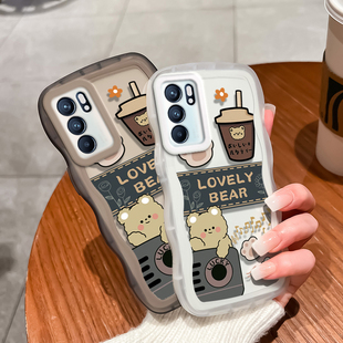 opporeno6手机壳reno6pro透明6pro+软壳防摔男女大波浪新年春节红色兔年液态硅胶情侣可爱条纹小熊