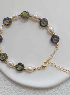 绿野秘境|双面绿色花朵捷克珠搭配天然淡水珍珠手链保色文艺复古